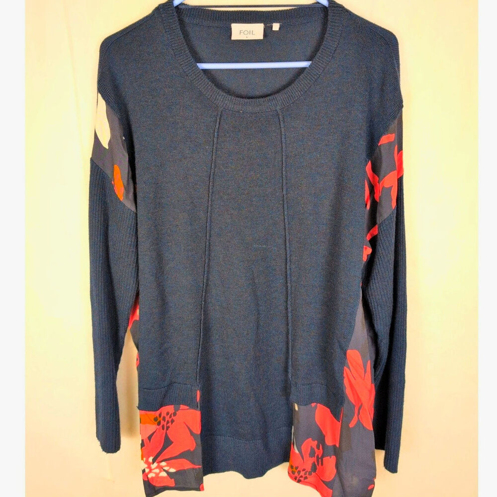 FOIL blue floral mixed media top Size Large long sleeve Lagenlook Artsy Boho